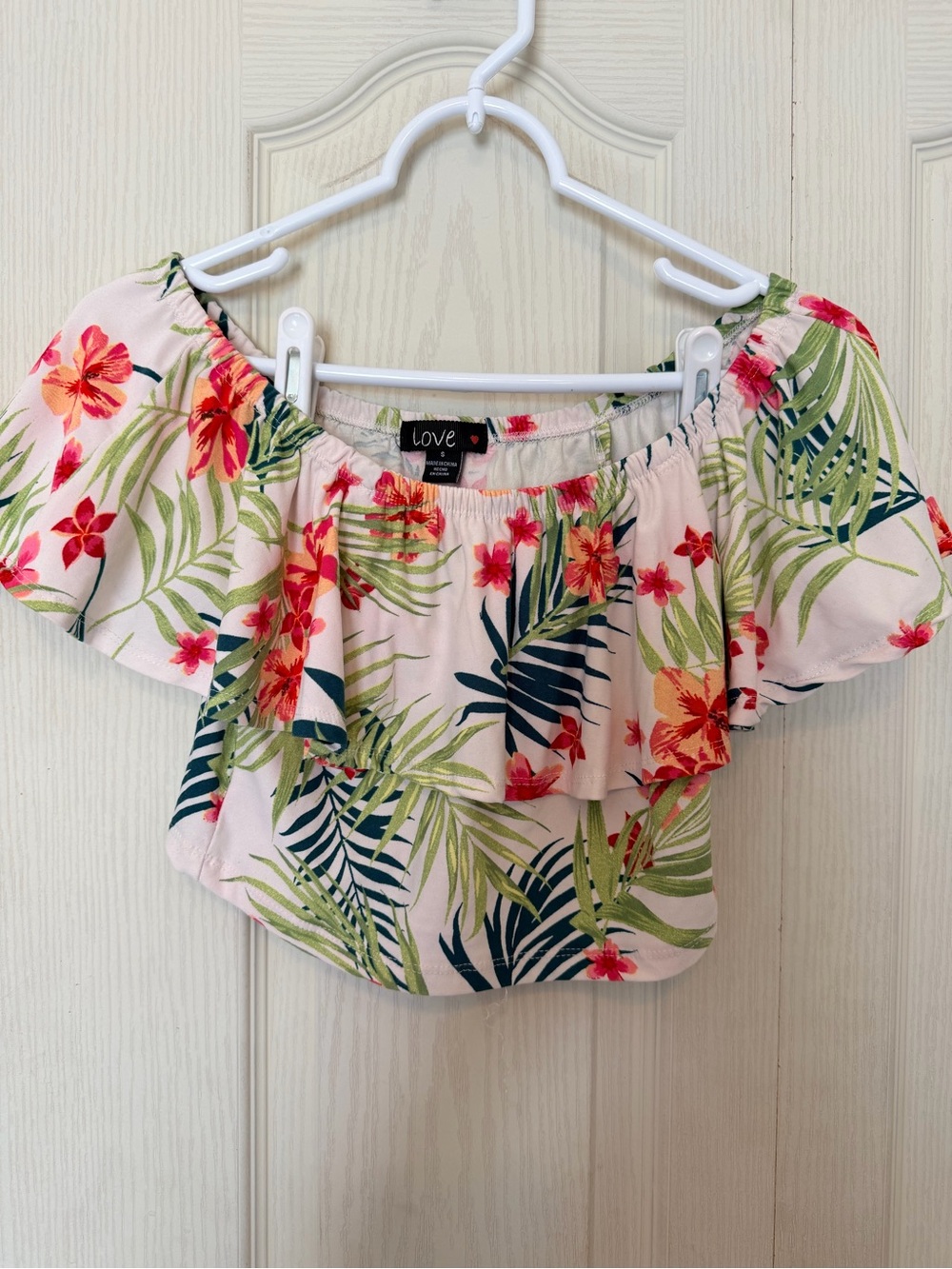 Love Pink Tropical Floral Off-Shoulder Crop